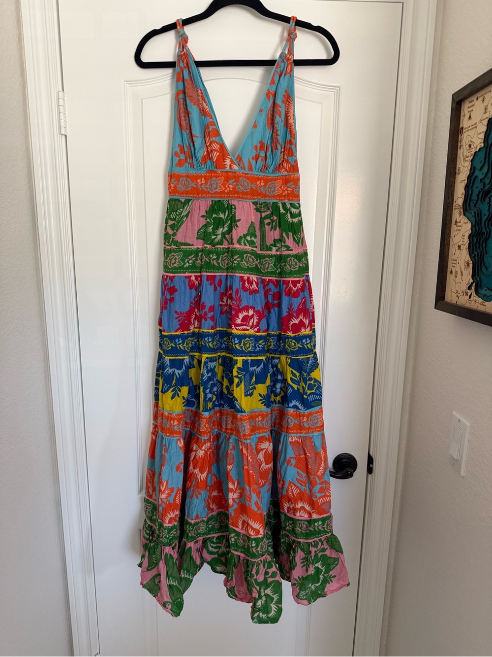 Farm Rio Vibrant Multi-Color Tiered Maxi Dress - Deep V Neck